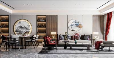 新中式客餐厅 沙发茶几组合 沙发背景墙 餐厅 西餐台 单椅 餐桌椅 吊灯